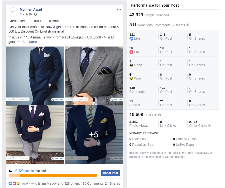 Facebook page insights report including audience age, gender and location breakdown for targeting refinement